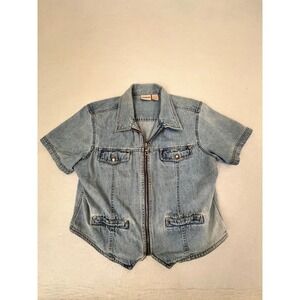 CROSSROADS Distressed Denim Short Sleeve Zip Up Jacket Women L